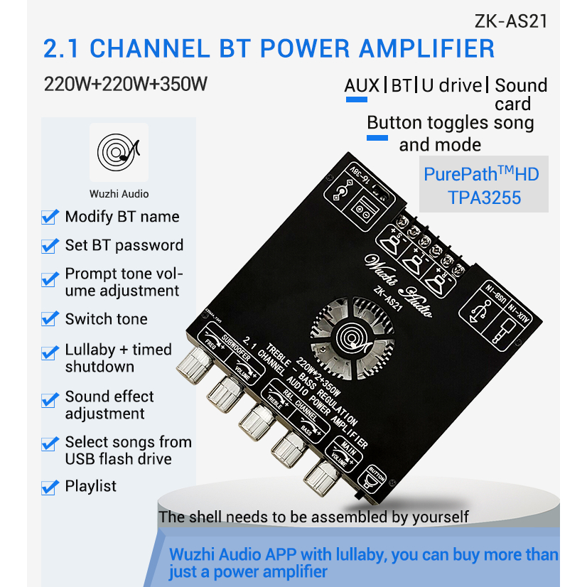 【สินค้าพร้อมจัดส่ง】100%!Wuzhi ZK-AS21 TPA3255 ขับซับ10นิ้ว 2Ω แอมป์จิ๋ว สเปคเทพ 2.1 220w+220w+350w 16-38V 10A👆