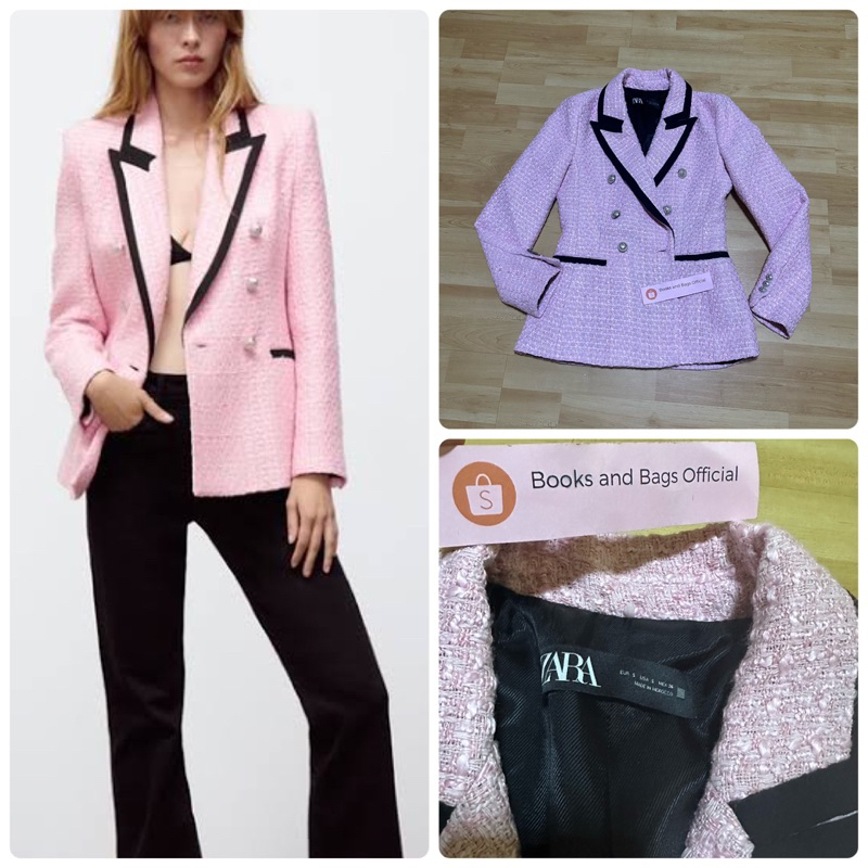 (Sz. S) Zara Tweed Blazer เสื้อสูท เบลเซอร์ ผ้าชาเนล ผ้าทวิต สีชมพูคลิปดำ ไม่เสริมบ่า