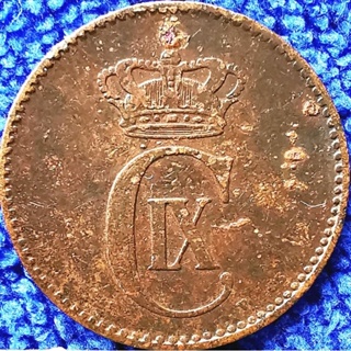 เหรียญ​เดนมาร์ก​อายุ​100​กว่า​ปี​ Denmark, 2 Ore, (ยุค​ Christian IX), #​2816T, ใช้แล้ว
