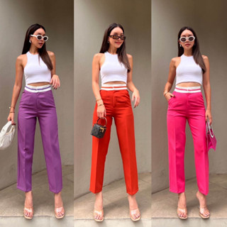 Sweet-pea 2 tone tab high-waist pant  กางเกงทรงกระบอก 7 ส่วน ขอบขาว