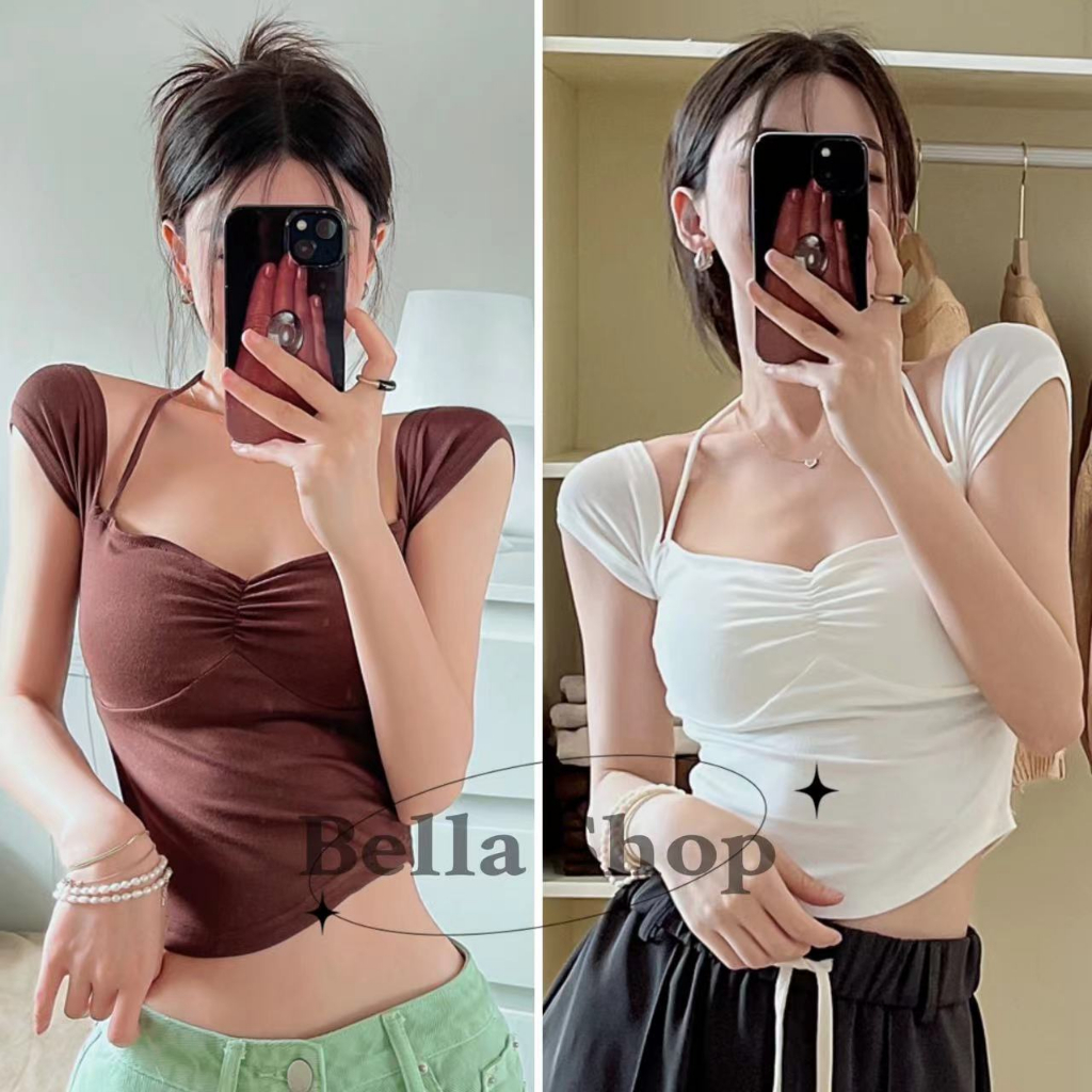 Bella เสื้อยืด ผู้หญิงเซ็กซี่หนึ่งไหล่แขวนคอแขวนคอแขนสั้นเสื้อยืดสลิมฟิตด้านบนตัด พร้อมส่งจากกทม มาถึงใน 3-5 วัน