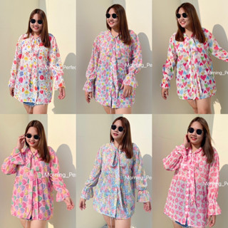 mini dress shirt เชิ้ตคอผูกโบว์ เดรสผ้าชีฟอง ลายน่ารัก สาวผอม สาวอวบใส่ได้ freesize