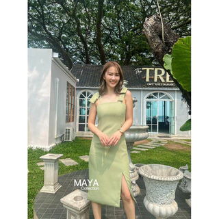 G065 เดรสสั้นออกงาน ชุดเดรสแต่งโบว์ไหล่ 2 ด้าน เสริมอก ซับเต็มตัว