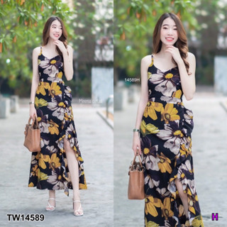 TW14589. Maxi Dress เดรสยาว สายเดี่ยวไขว้สายด้านหลัง แต่งผ้าระบาย ommishop