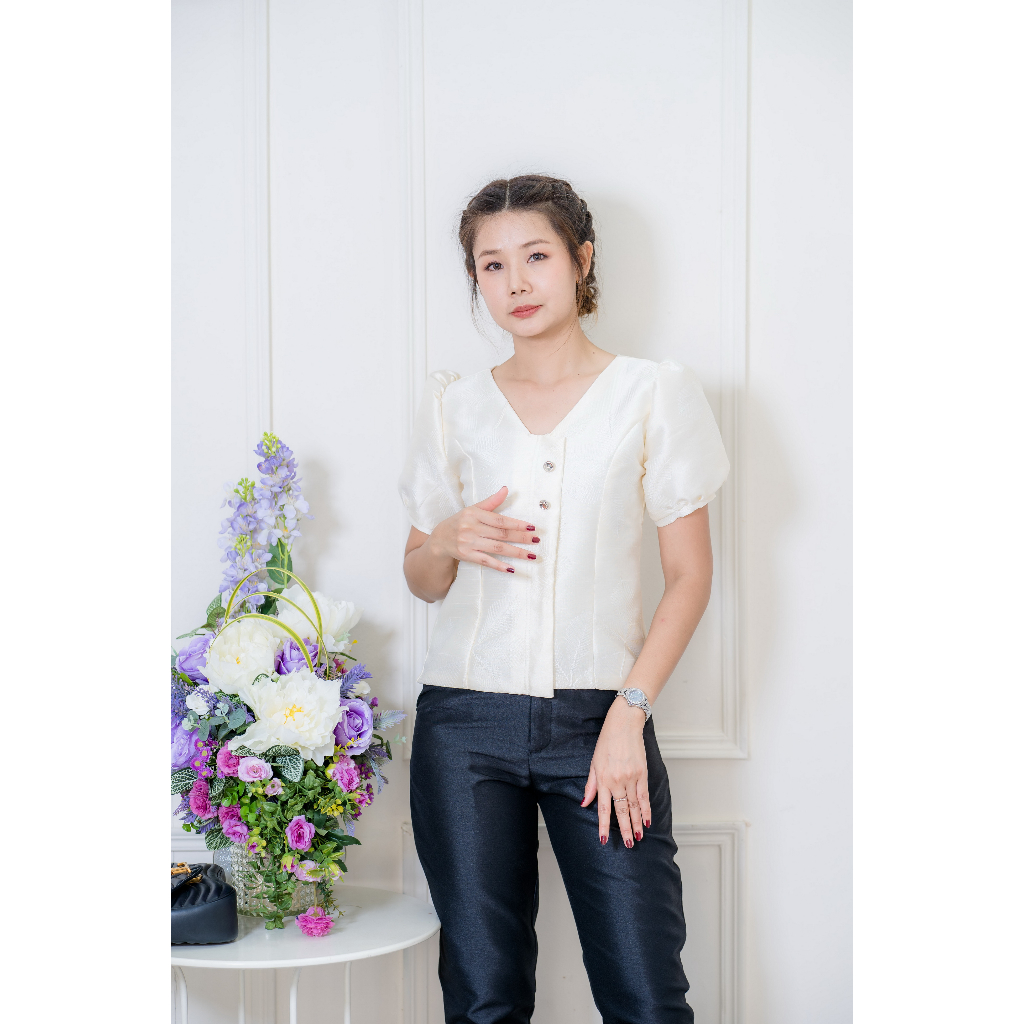เสื้อผ้าทอลายเมเปิล ลายใบไม้ คอวีกระดุมหน้า แขนตุ๊กตา