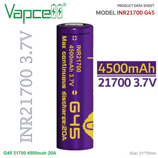 แท้ 100% ถ่านชาร์จ Vapcell G45 21700  4500mah G45 20A Max สีม่วง 1 ก้อน