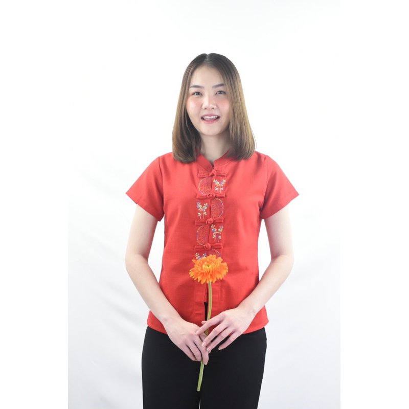 คอจีนปักลาย สีแดง ฟ้า ม่วง ดำ ขาว