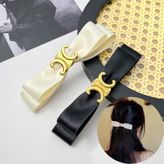 PASUAY กิ๊บหนีบผม แบบสปริง ประดับโบว์ 2 ชั้น ผ้าซาตินเกาหลี ติดตัวโมทีฟสไตล์ CELINE (กิ๊บโบว์)