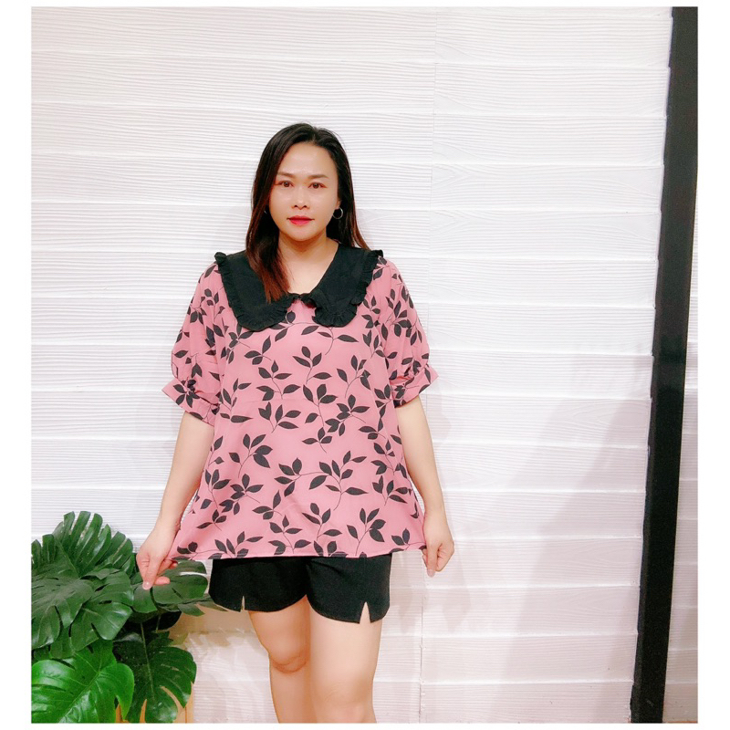 เสื้อสาวอวบคอปกบัวระบายพิมพ์ลวดลายใบไม้อก50”/พ010 ราคา ถูกที่สุด ดีลบีเคเค แกลเลอรีภาพที่ 3
