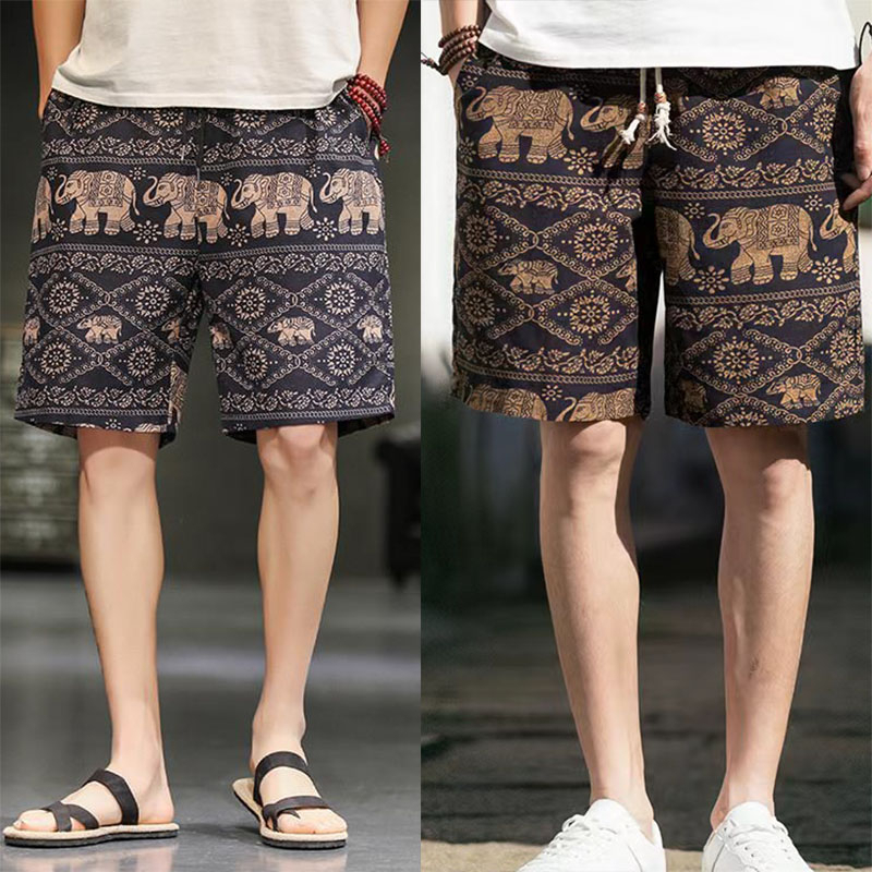 กางเกงขาสั้นผู้ชาย ความยาวเท่าเข่า ลายช้าง ผ้าสปัน เนื้อผ้านุ่มลื่นใส่สบาย เอวยางยืด