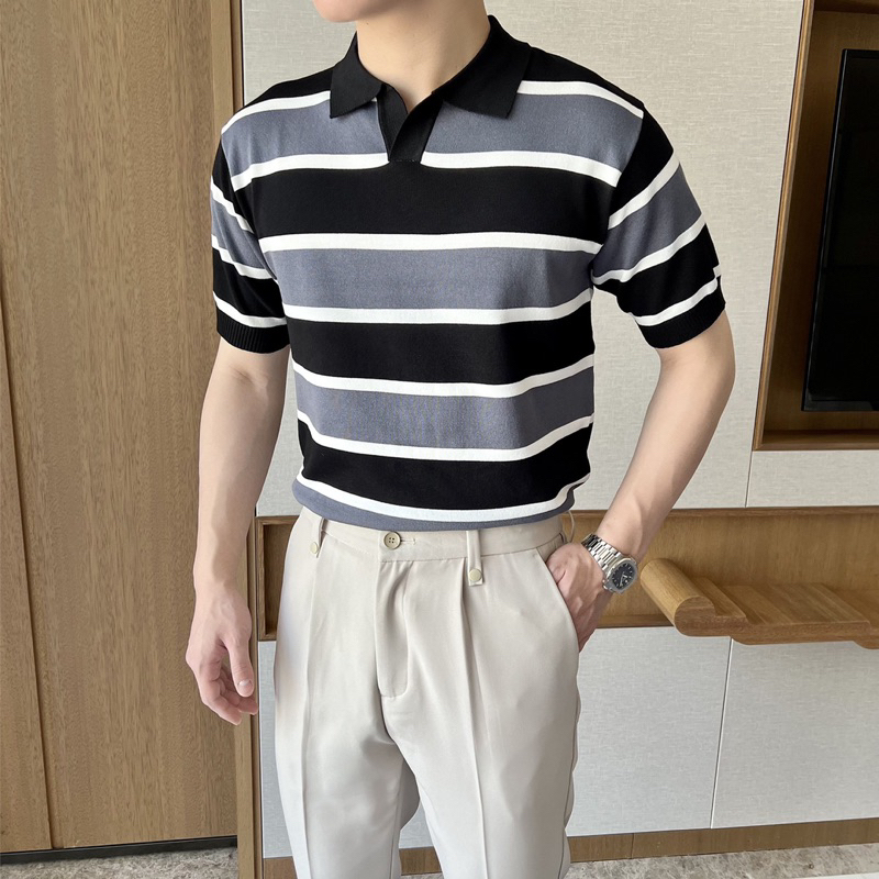 พร้อมส่ง เสื้อยืดลายทาง คอปก ( 2607 )