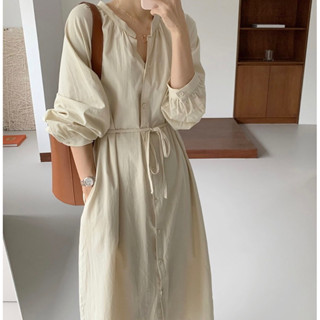 round neck dress (cream/ blue) เดรสสไตล์เกาหลี ✨