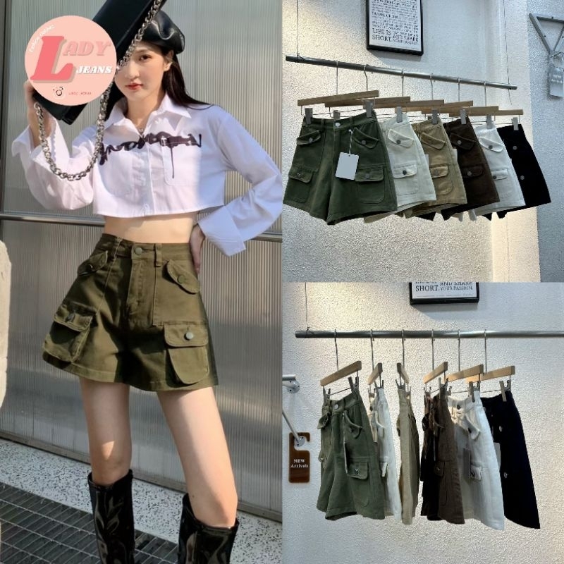 LADY_JEANS#6005(K )กางเกงยีนส์ขาสั้น สี่กระเป๋า แนวคาร์โก้ กางเกงขาสั้น พร้อมส่ง