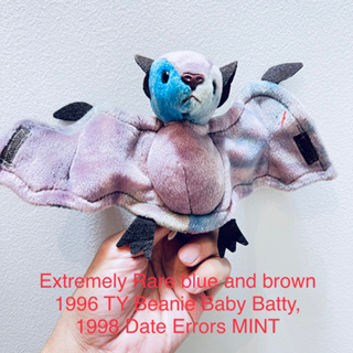 #ตุ๊กตา ค้างคาว #ป้ายปีผิด Extremely Rare blue and brown 1996 TY Beanie Baby Batty, 1998 Date Errors MINT ขนาด4.5”