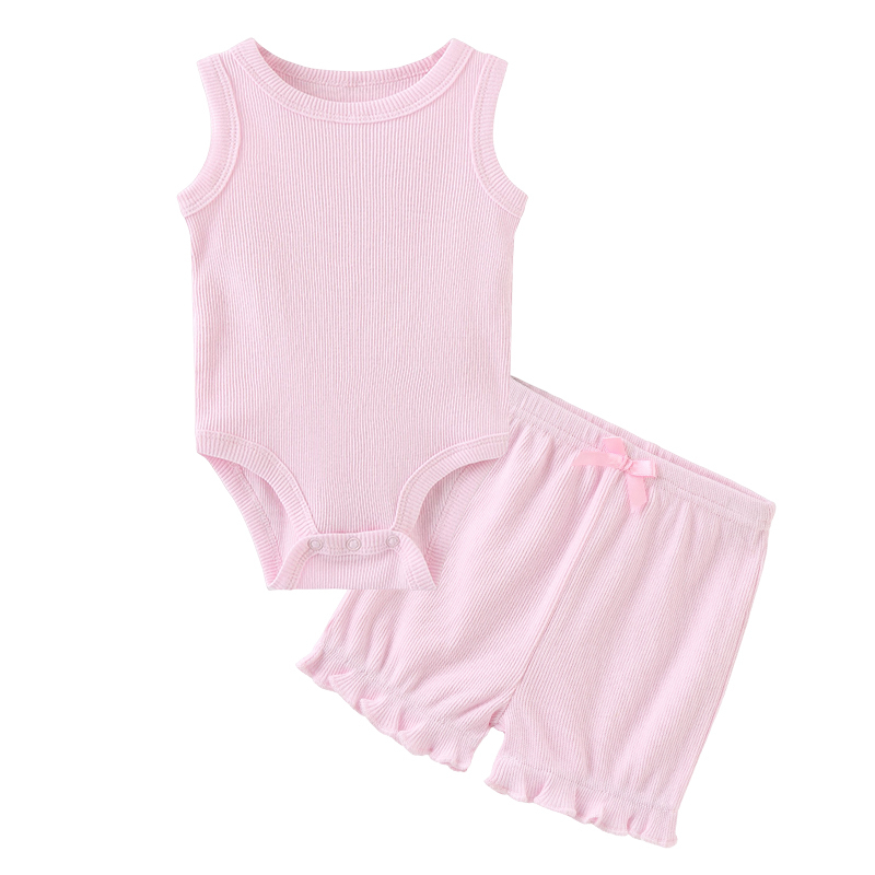 ฤดูร้อนสีทึบแขนกุดเสื้อผ้าเด็กชุดบอดี้สูท+กางเกงขาสั้นผ้าฝ้ายชุดทารก