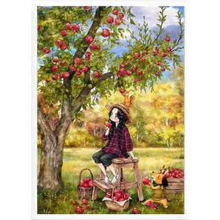 *พร้อมส่ง*ชุดปักครอสติชพิมพ์ลาย การ์ตูน แอปเปิ้ล (Girl diary Cross stitch kit)