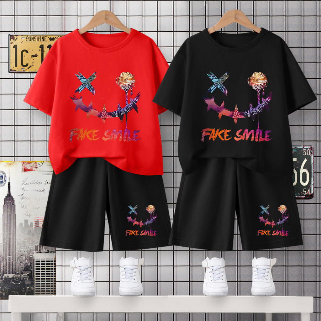 BH442+F442Bสิงค้าขายดี ชุดเซ็ทเด็กชายและเด็กหญิงแฟชั่ง มี2ชิ้นเสื้อยืด+กางเกงขาสั้น มี7สีหลายไซส์เลื