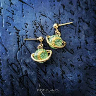 Blue Saturn Gold Crescent Moon Earrings : ต่างหู ตุ้มหู ดาวเสาร์ สีฟ้า พระจันทร์ เสี้ยว ทอง