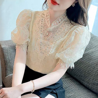 เสื้อลูกไม้แขนสั้นงานสวยคมพรีเมี่ยม มีซับทั้งตัว (รหัสb423)