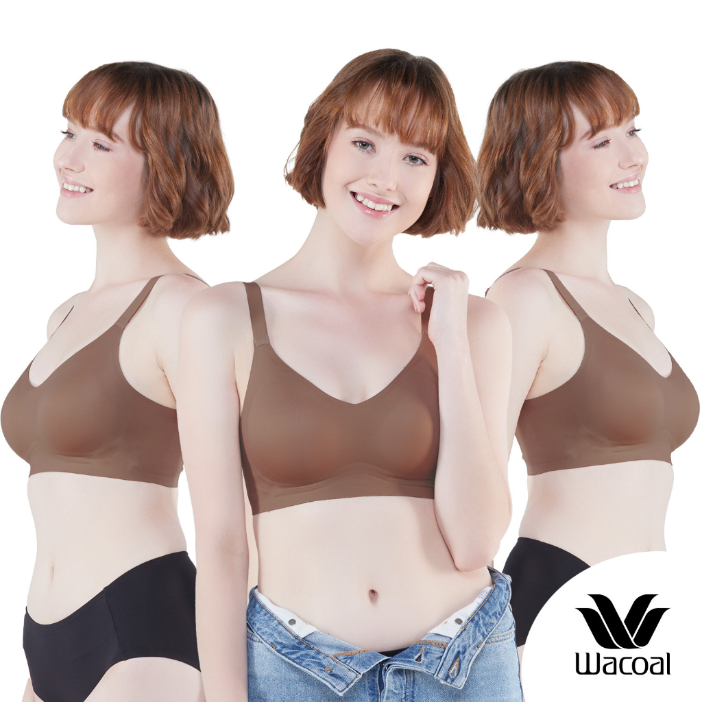 Wacoal ชุดชั้นเนียน บราไร้โครง Smart Size เสริมฟองน้ำ เซท 3 ชิ้น รุ่น WB3Y28/WB3328 สีน้ำตาล (BR)