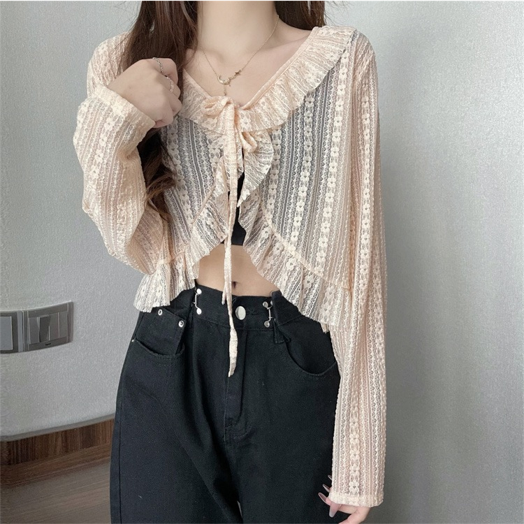 ส่งทันที Cici(NO. 61583)เสื้อแขนยาวซีทรูเบาๆ แต่งสายผูกโบว์หน้าชายระบาย ลายฉลุสวยน่ารักสุดๆ - รูปที่ 5