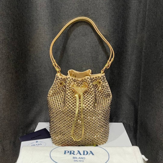 PRADA MINI CRYSTAL EMBELLISHED SATIN BUCKET BAG GOLD กระเป๋าถือสะพายไหล่ ทรงบักเก็ต แบรนด์ปราด้า สีทอง