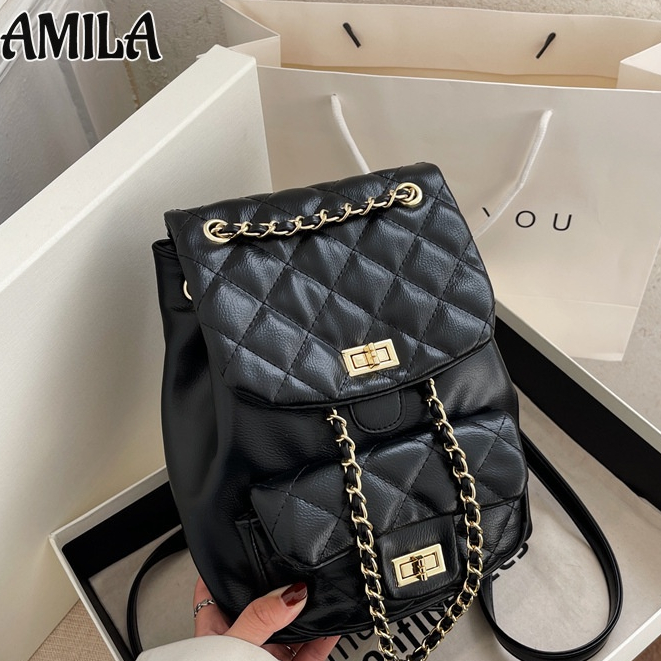 AMILA ใหม่โซ่เพชรเป้หนัง PU เป้ขนาดเล็กแบบพกพา