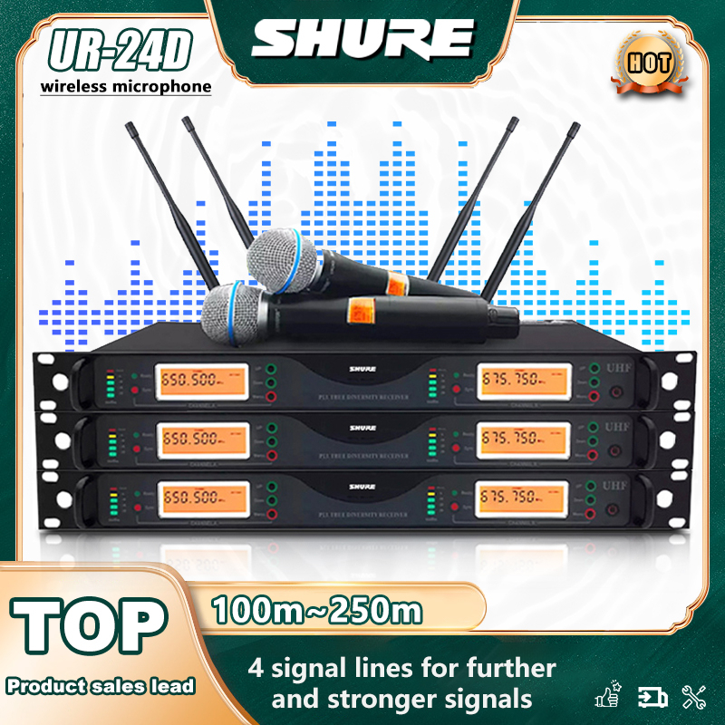 SHURE UR24D ไมโครโฟนไร้สาย คลื่นลูกใหม่ 2 มือถือ ระยะรับ UHF FM 200M ป้องกันเสียงหอน อุปกรณ์เครื่องเสียงระดับมืออาชีพ