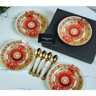 Versace European style retro saffron series cake dish Dim sum dish dish 6 inch small dish gold spoon dish 4 dish 4 spoon