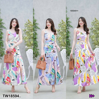 TT18594 set 2 ชิ้น เสื้อสายเดี่ยวไขว้ด้านหน้าลายใบไม้ + กระโปรงยาว ลายใบไม้ Set of 2 pieces. Single-breasted top with le