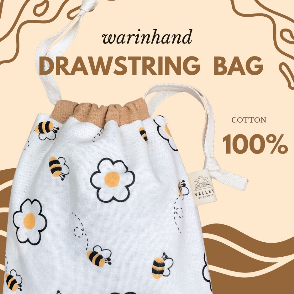 Warinhand ถุงผ้าหูรูด ผ้าฝ้าย 100% นุ่ม พิมพ์ลาย ตัดเย็บอย่างดี