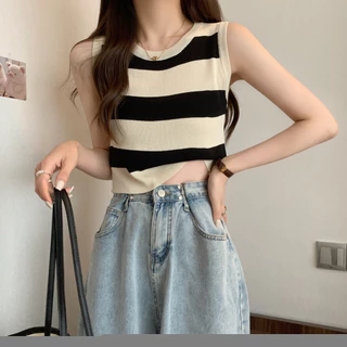 Cicishop(A482)เสื้อครอปแขนกุดคอกลม ทูโทน ผ้านิ่มใส่สบายสไตล์เกาหลี
