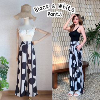 🔆sunny🔆Black&amp;Beige Pants กางเกงเอวสูงลายวงกลมอาร์ตๆ งานป้าย🔥