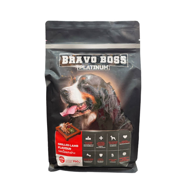 บราวี บอส แพลทินัมBRAVO BOSS PLATINUM อาหารสุนัขโต แซลมอนรมควันและข้าวกล้อง/เนื้อแกะย่าง 750 กรัม