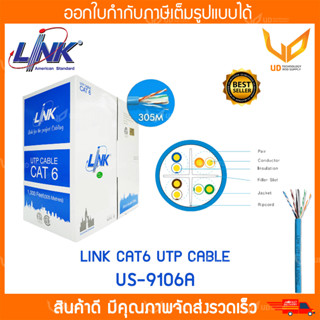 LINK สายแลน US-9106A CAT6 UTP Cable (250 MHz) (305m/Box) สายสีฟ้า สำหรับใช้ภายในอาคาร ** พร้อมส่ง **