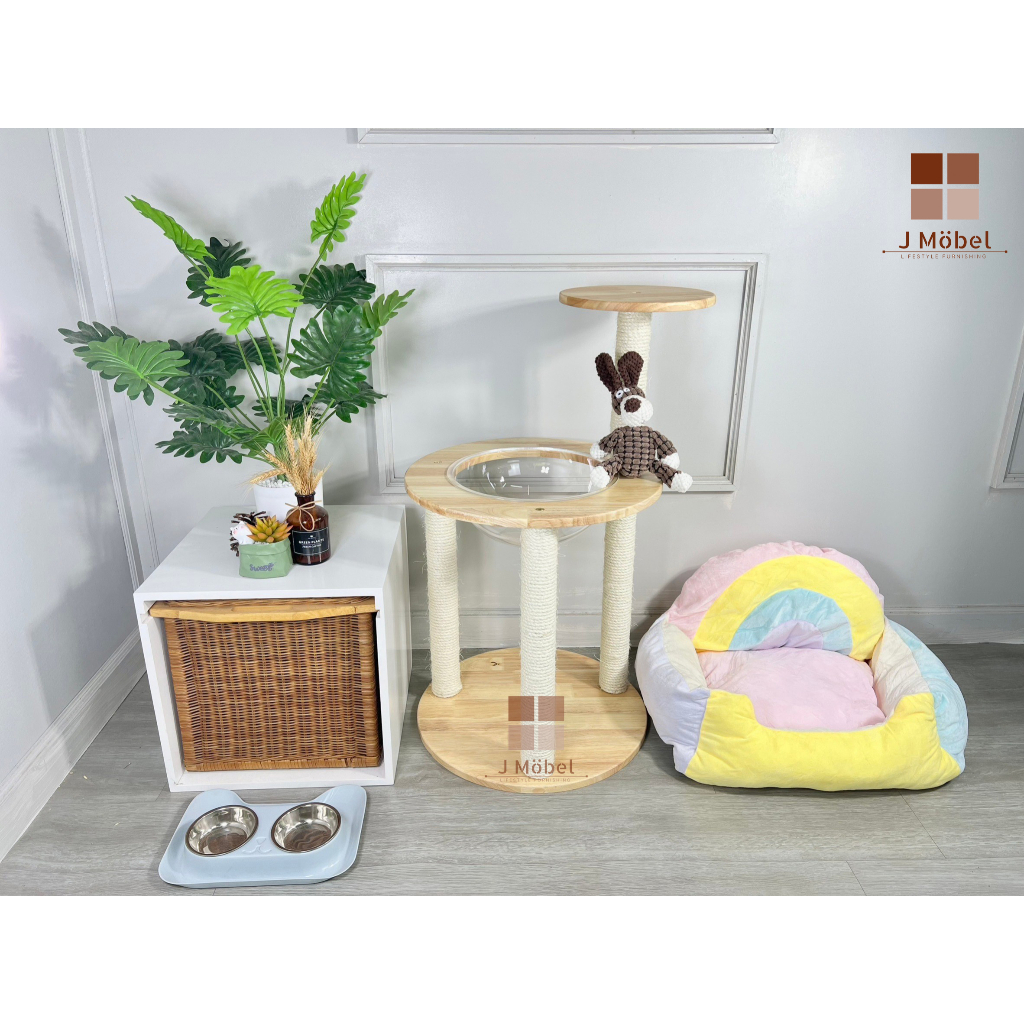 [ ส่งฟรี ไม่ต้องใช้โค้ด]คอนโดแมวไม้จริง ทรงกลม2ชั้น+อ่างอะคริลิก  ทำจากไม้ยางพารา ขัดเรียบ