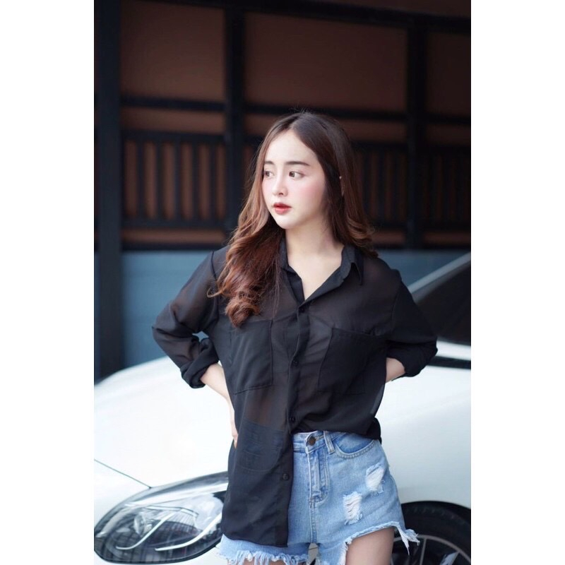 (เสื้อผ้าพร้อมส่ง) เสื้อเชิ๊ตผ้าชีฟองแขนยาว มีกระเป๋า กระดุมหน้า (M6628) (ตู้14 No.6)
