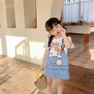 HELLO-02 ชุดเดรสเสื้อยืดแขนสั้นสองชิ้นเสื้อเชิ้ตพิมพ์ลายการ์ตูนน่ารักใหม่สำหรับเด็กผู้หญิง