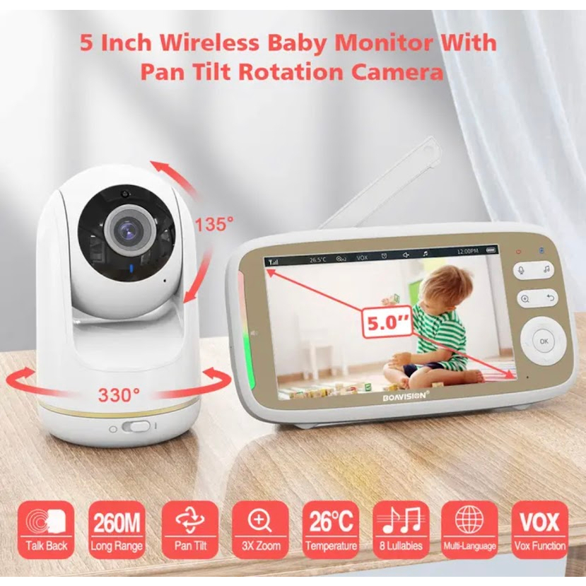VB803 จอแสดงผล HD 5 " HD Video Baby Monitor กล้อง Auto การยกเลิกเสียงรบกวน3X Pan-Tilt Zoom การมองเห็นได้ในเวลากลางคืน