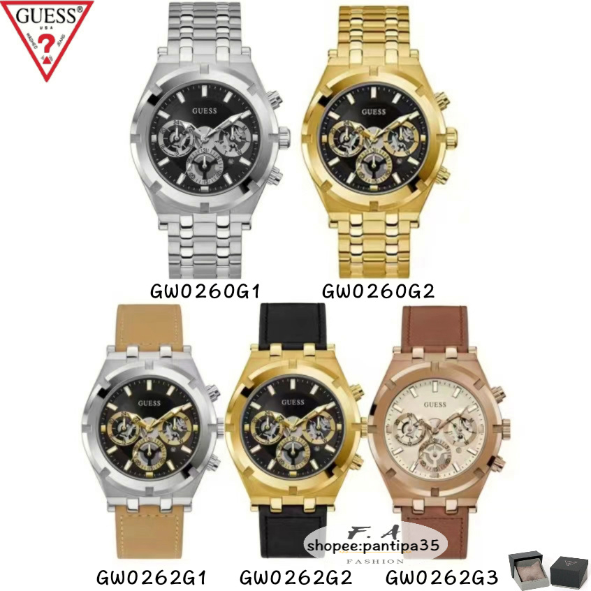 F.A Guess ของแท้100% แฟชั่นใหม่หน้าปัดใหญ สายสแตนเลสหนังลูกวัวขัดเงาGW0260G1 GW0260G2 GW0262G1 GW0262G2 GW0262G3 -45MM