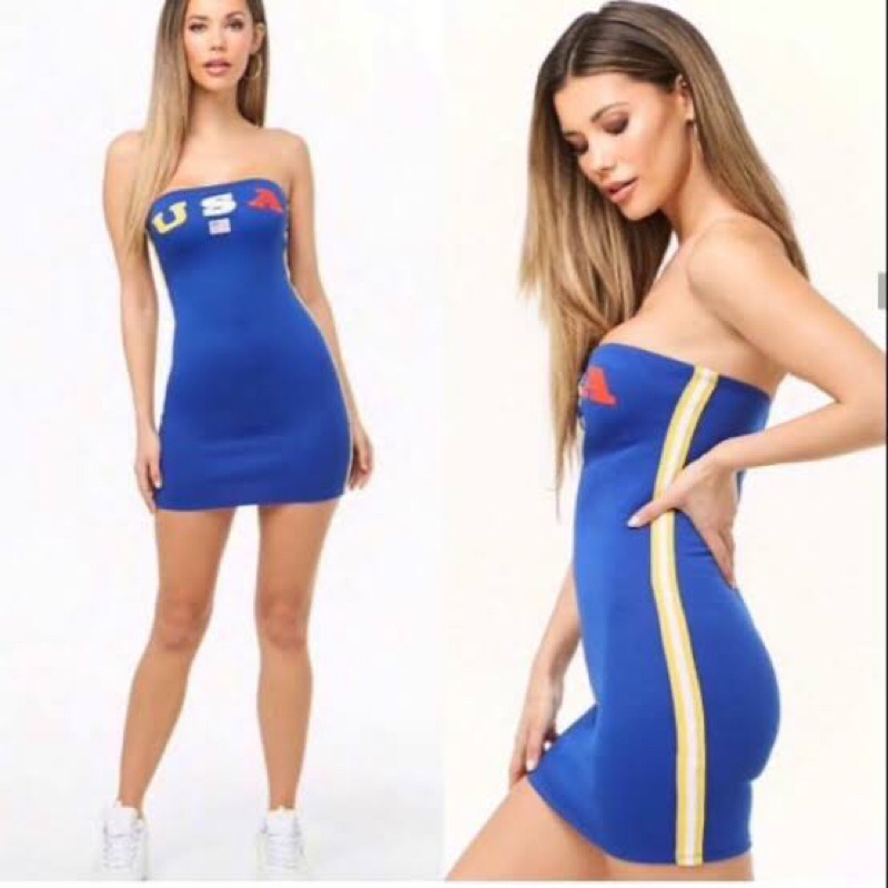 D1 ใหม่มีป้าย Forever 21 ไซส์ 1XL อก 40-42 นิ้ว ผ้าวอร์ม สะโพก 44-48 นิ้ว ยาว 27 นิ้ว เดรสเกาะอก ชุด