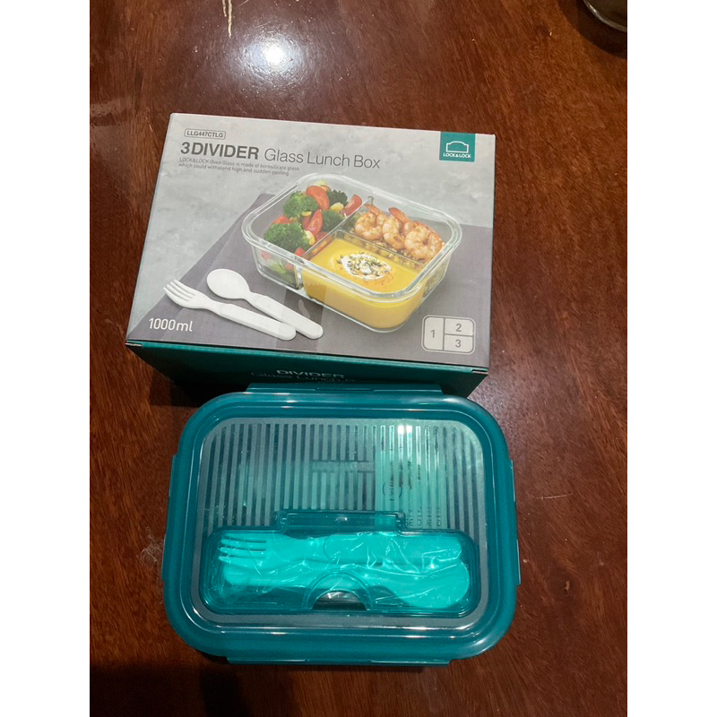 ถ้วยแก้วใส่อาหารแบบแบ่งช่องอาหารพร้อมช้อนและส้อมlocknlock แท้ 100%