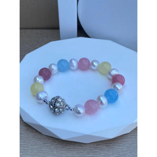 สร้อยข้อมือไข่มุกแท้สีขาว สลับหินแบริล มุกแท้มีใบรับประกัน