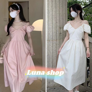 Luna shop🍑เดรส🍄เดรสคอวีไหล่เดียวสไตล์สาวหวานสไตล์สาวฝรั่งเศส🚚พร้อมส่งจากกทม มาถึงใน 3-5 วัน