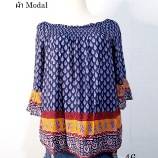 เสื้อมือสอง used เสื้อสาวอวบ  เสื้อปาดไหล่ แขนสามส่วนแต่งระบาย ผ้าดี ใส่สบาย ผ้า Modal  อก 50 ยาว 28 นิ้ว