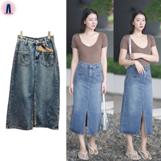 Nina jeans (S-2XL) กระโปรงยีนส์เอวสูงทรงสอบผ่าหน้าสีฟอกสนิมทรงสวยได้ทั้งสไตล์เกาหลี y2k #6583