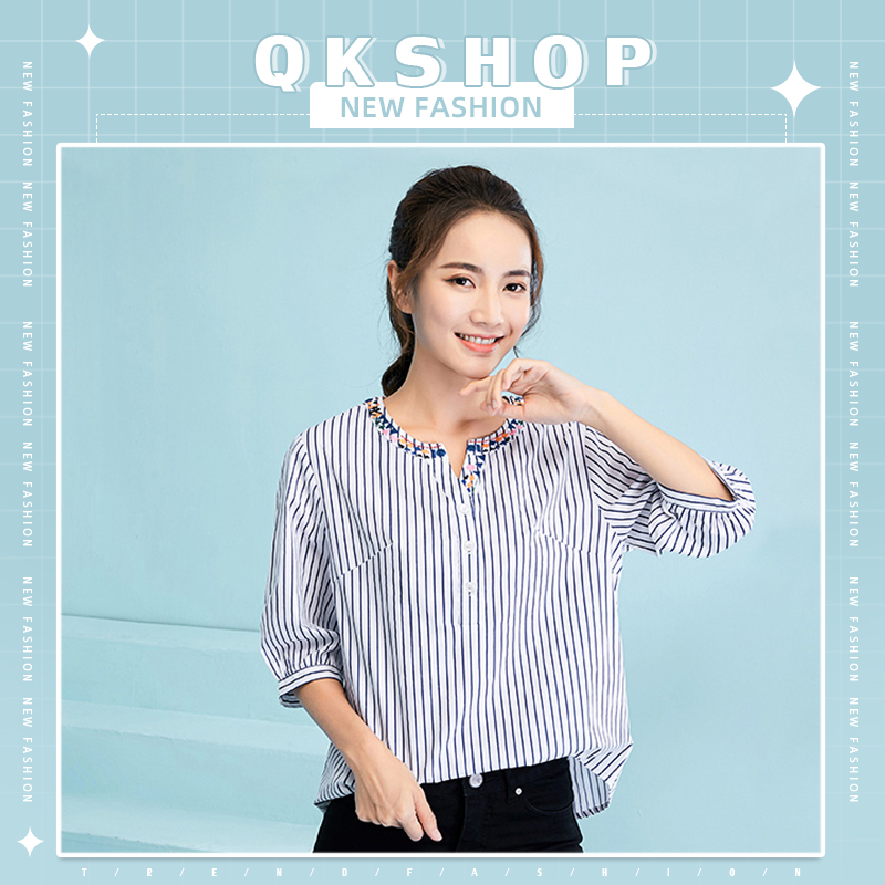 QKshop Hot sales💥เสื้อทำงานผู้หญิง เสื้อคอจีนแต่งลายทาง แต่งกระดุมด้านหน้า ดูสุภาพเหมาะกับใส่ทำงานมาก เรียบหรูแต่ดูแพง💕