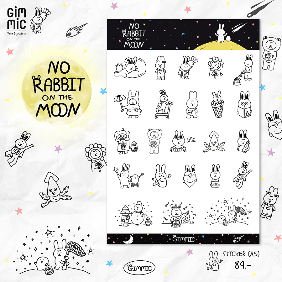 Minimal Sticker ✨🌕 NO Rabbit On The Moon 🐇🪐 Sticker Sheet A5 สติกเกอร์เนื้อใส ลายเส้นหนุบหนับ (Gimmi