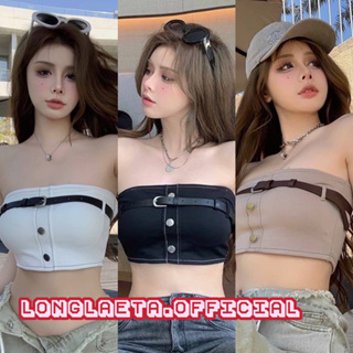 belt crops เสื้อเกาะอก ชายตัดเรียบ มาพร้อมกับ เข็มขัดสีดำ เสื้อเซกซี่ มีฟองน้ำ สไตล์y2k งานตามหา lucky7