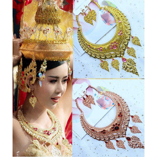 Fashion Jewele  ชุดไทยชุดแต่งงานแบบดั้งเดิมต่างหูคลิปสร้อยคอเพชรเงินผงทองThai necklace ศิลปะ วาดเขียน